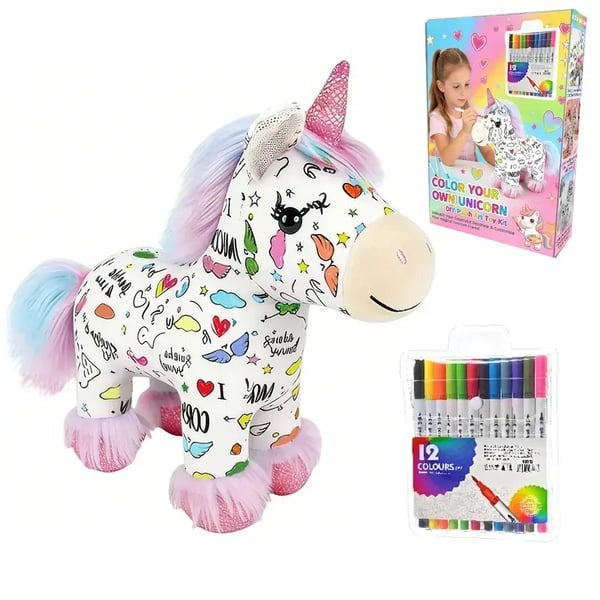 🦄 DIY Coloring Unicorn Plush — 12 Markers, Reusable & Washable