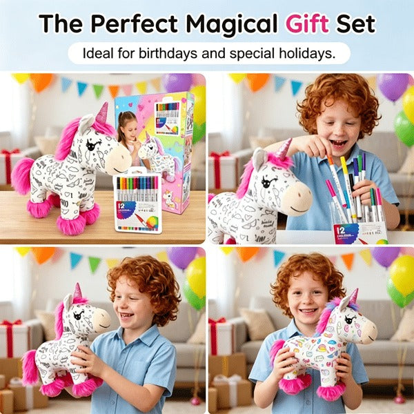 🦄 DIY Coloring Unicorn Plush — 12 Markers, Reusable & Washable