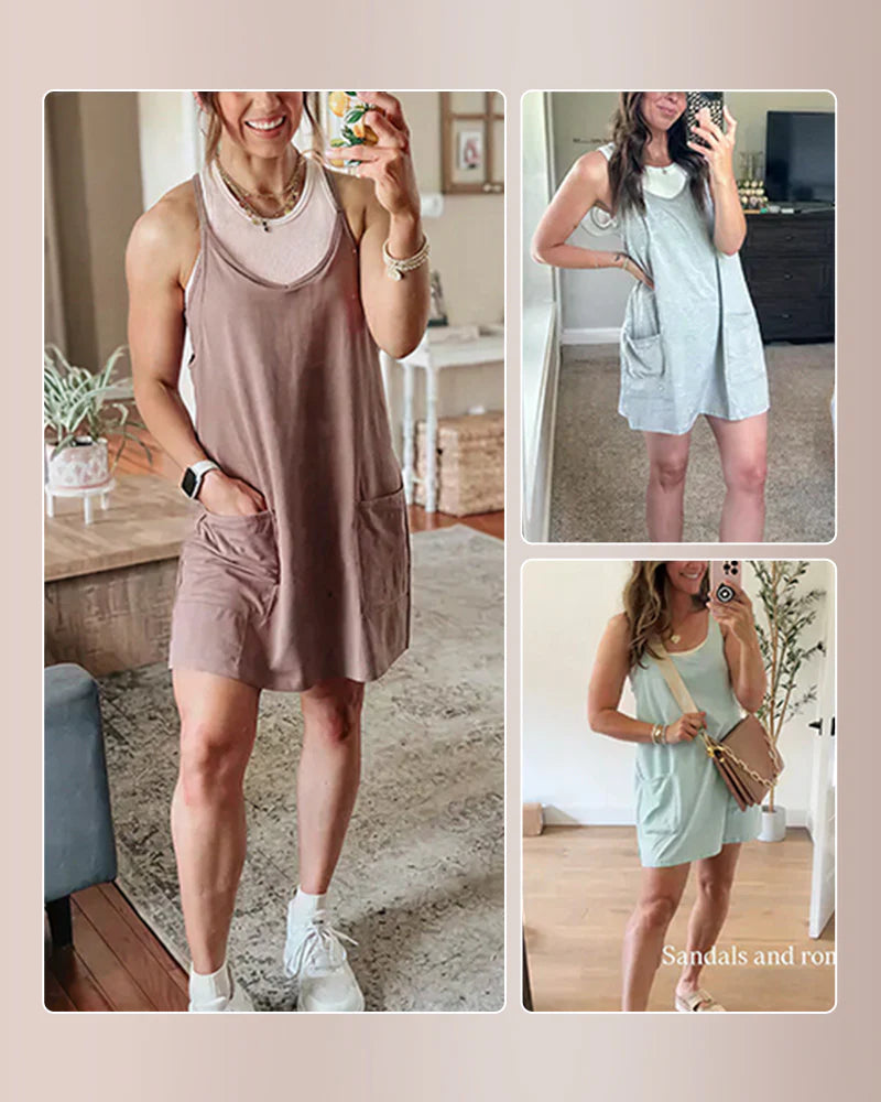 Acid Wash Romper Dress with Pockets & Hidden Shorts
