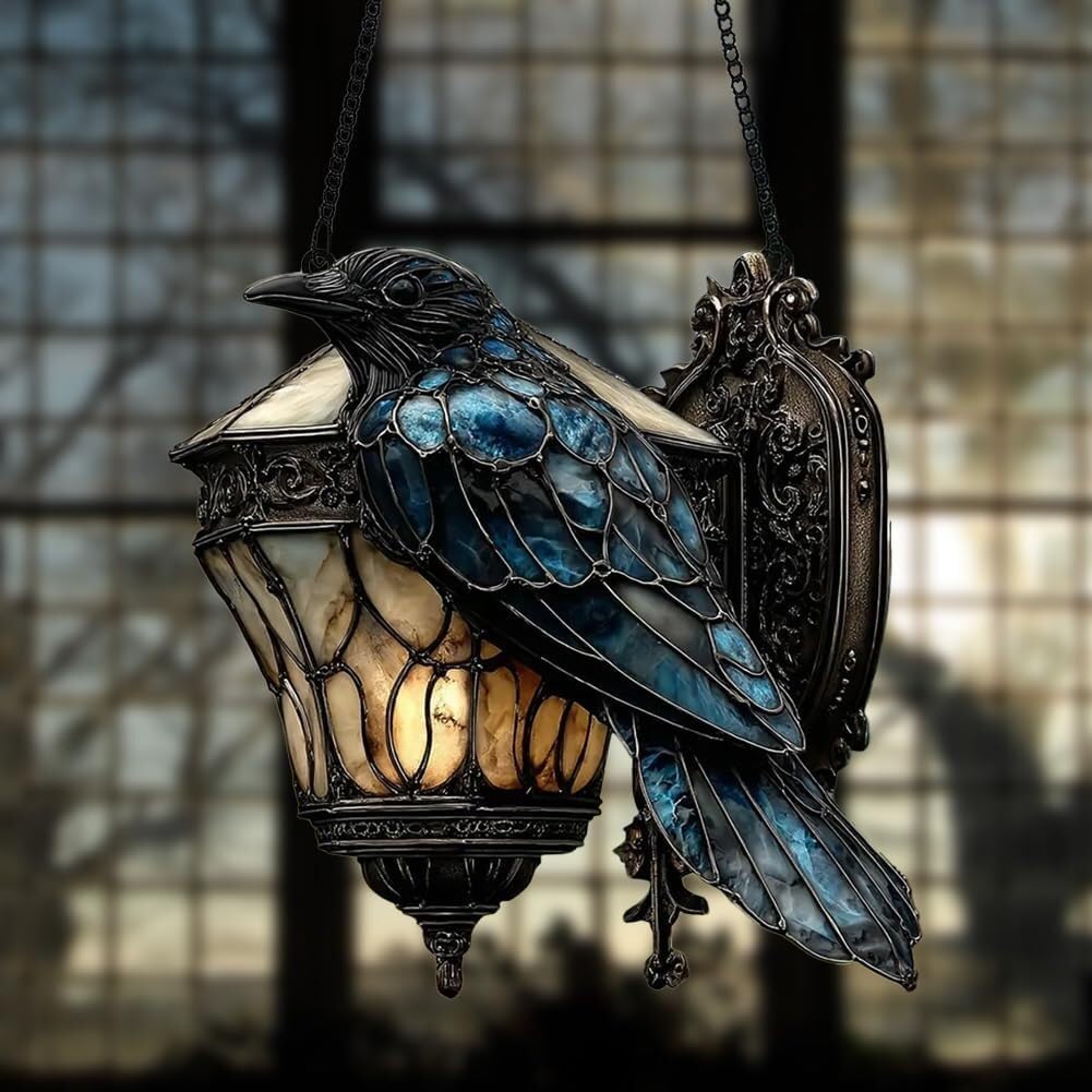 Faux Stained Glass Gothic Raven Lantern