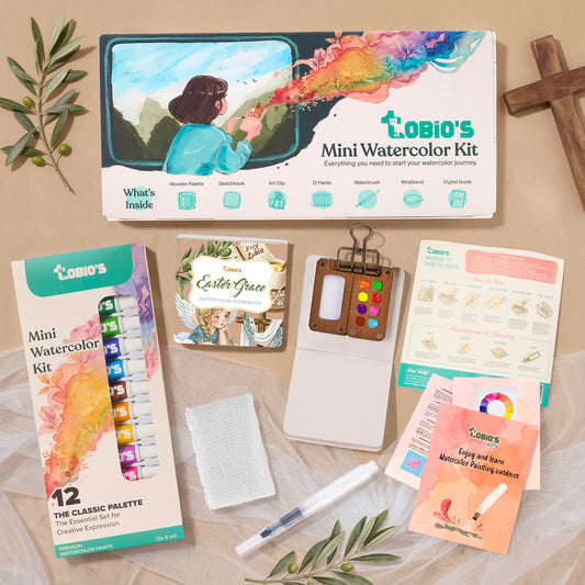 Complete Mini Watercolor Kit – 12 Vibrant Colors Portable Painting Set with Brush, Wooden Palette & Sketchbook