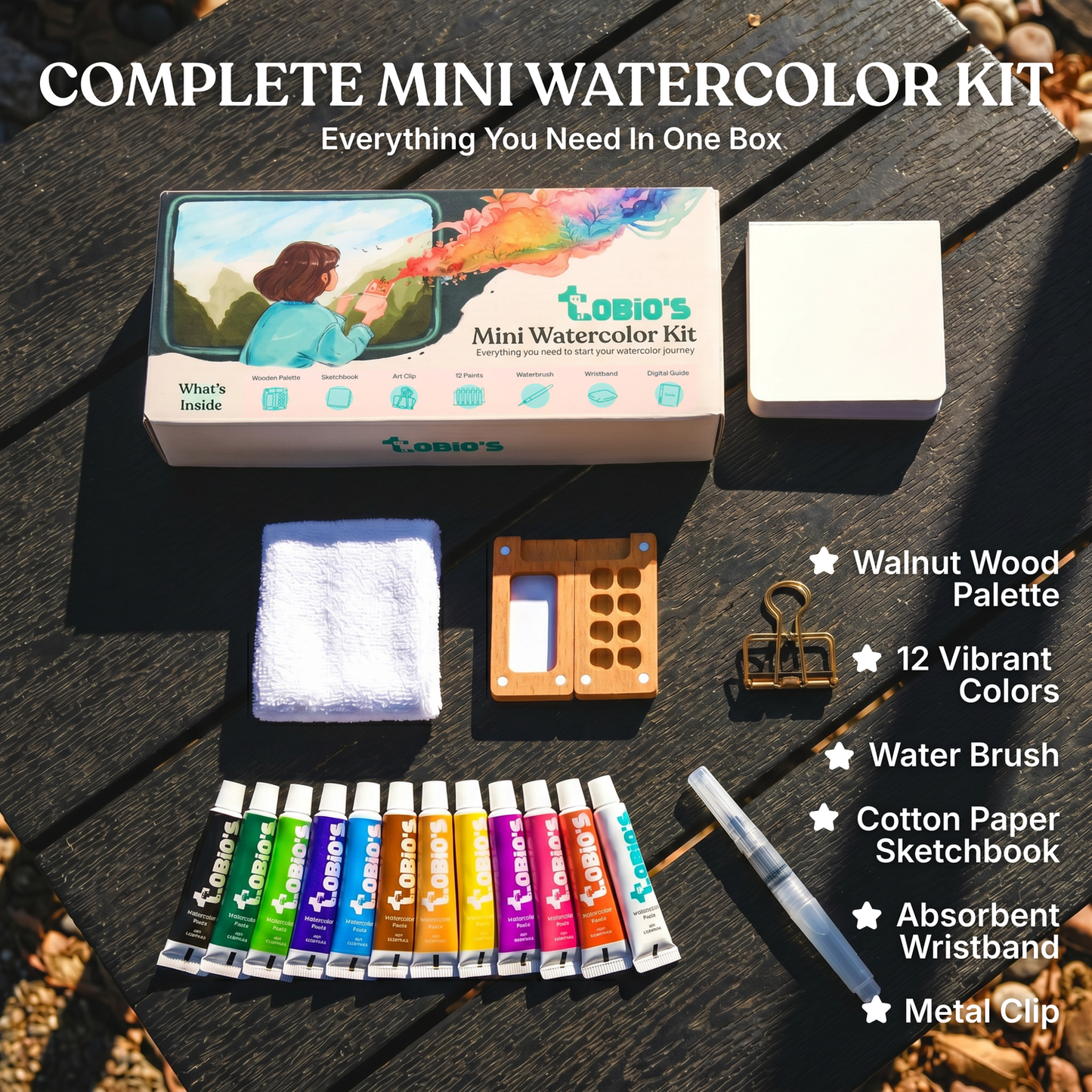 Complete Mini Watercolor Kit – 12 Vibrant Colors Portable Painting Set with Brush, Wooden Palette & Sketchbook
