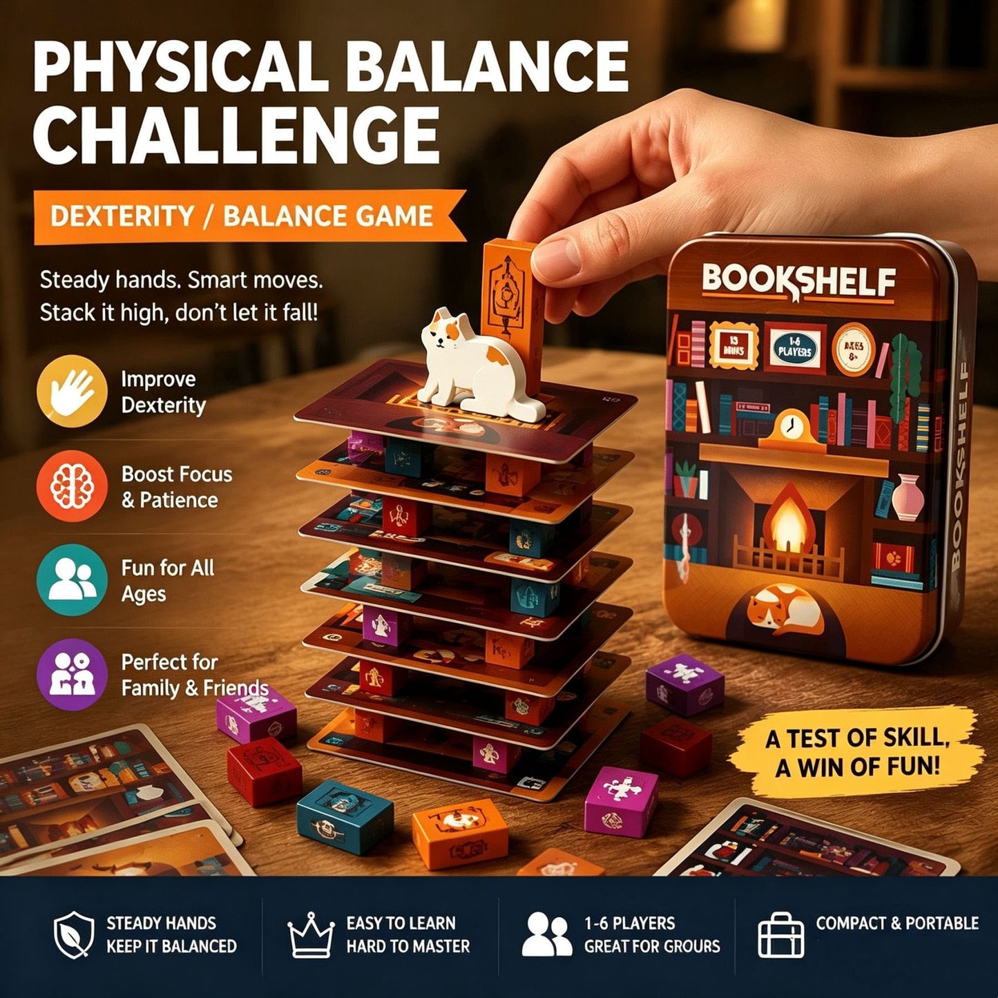Bookshelf Balance Game – Strategy Stacking Board Game